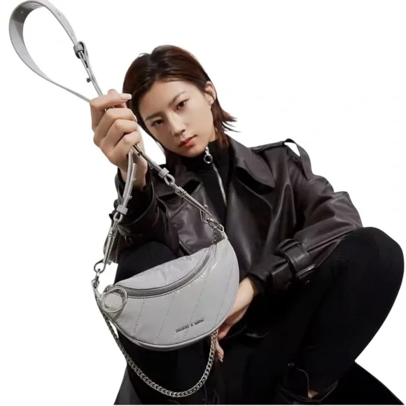 Nwot Charles & Keith Silver & light gray Crossbody Bag chain & leather straps - Picture 2 of 16